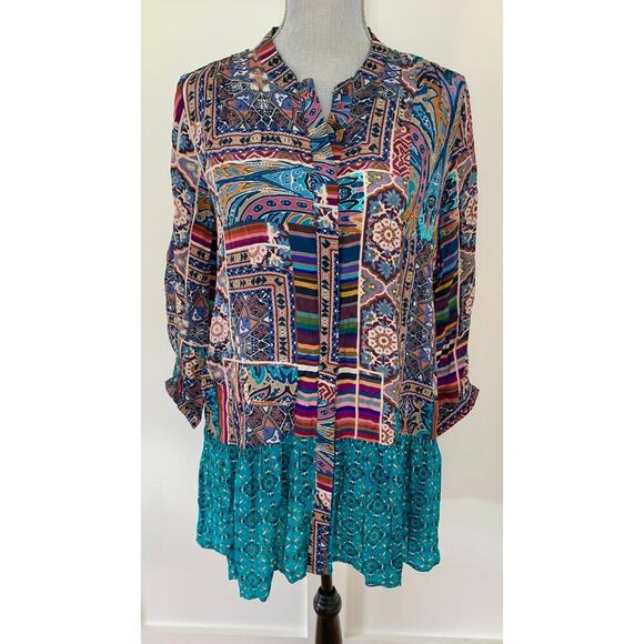 Tolani Button Down Mini Dress Colorful Geometric Size XS Long Sleeve Round Neck - Picture 1 of 5